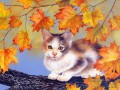 Cat Red Maple Leaves Gemälde von Fotos zu Kunst
